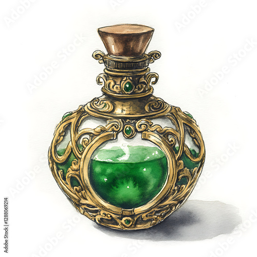 Steampunk Green Potion Bottle Watercolor Illustration