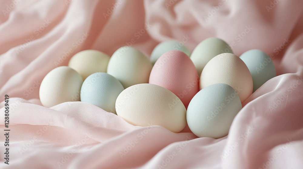Pastel colored Easter eggs on soft pink fabric create serene scene Pastel colored Easter eggs on soft pink fabric create serene scene