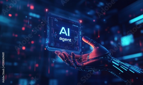 AI agent technology showcased in futuristic digital environment with robotic hand