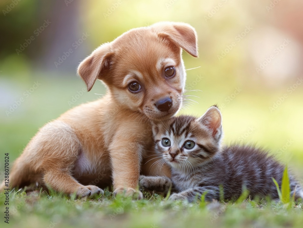 Cute puppy and kitten relaxing together in the sun on a grassy field Cute puppy and kitten relaxing together in the sun on a grassy field