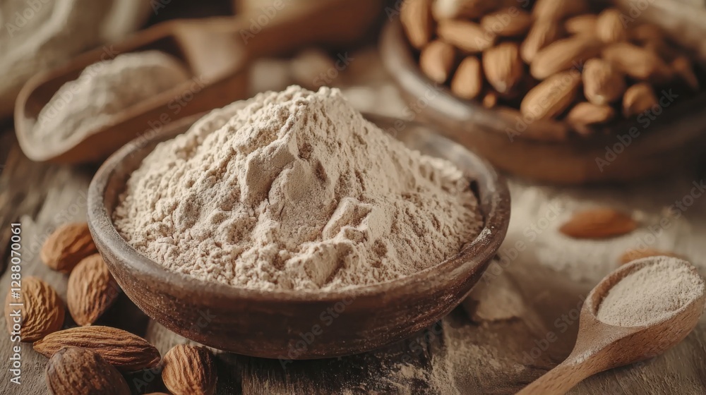 Fresh almond flour, scoop in bowl and nuts on wooden table, closeup Fresh almond flour, scoop in bowl and nuts on wooden table, closeup