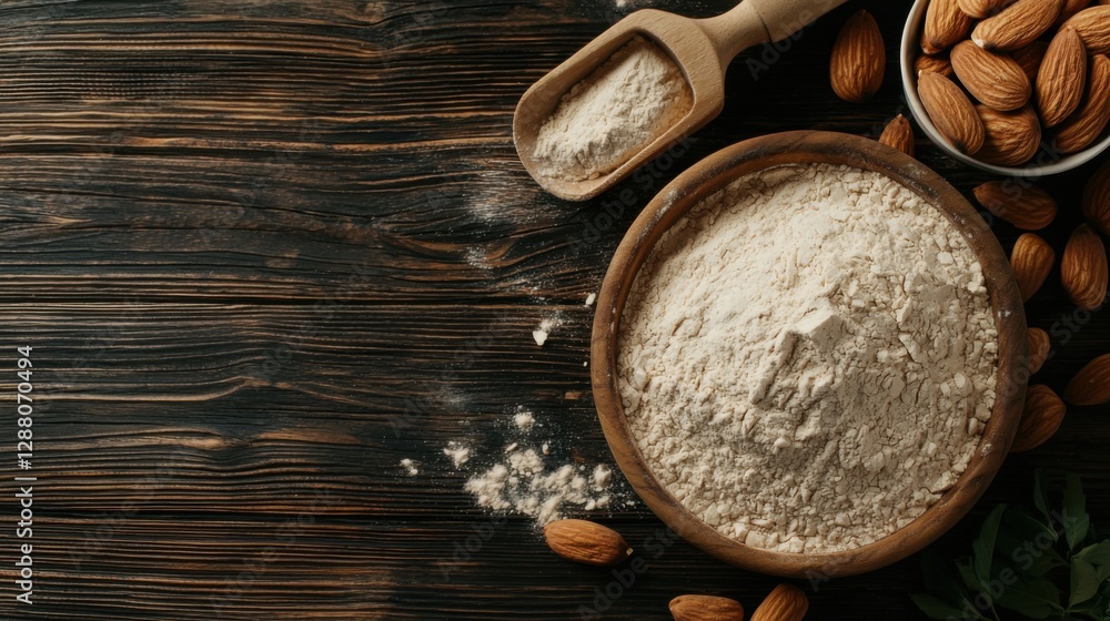 Fresh almond flour, scoop in bowl and nuts on wooden table, closeup Fresh almond flour, scoop in bowl and nuts on wooden table, closeup
