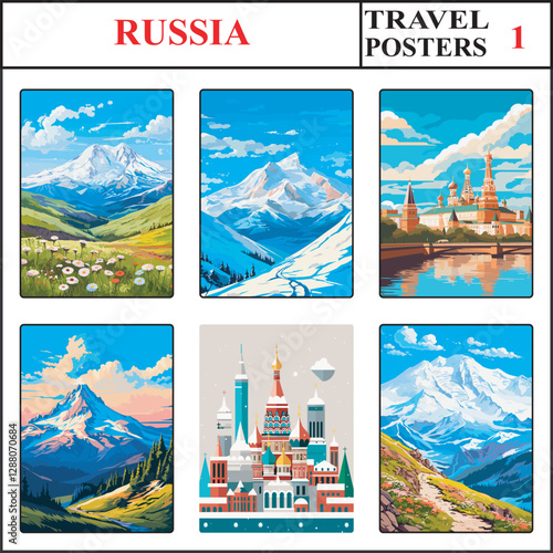 Russia Mount Elbrus Mount Elbrus Moscow Travel Poster Wall Art Print Collection Set Part 1