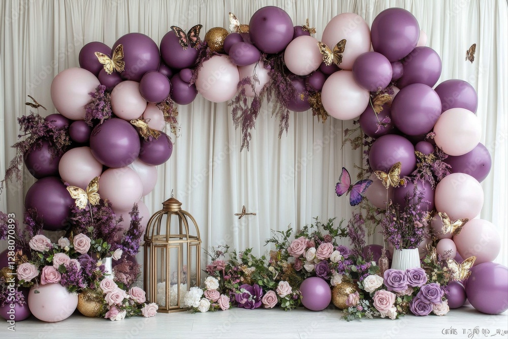 Fototapeta premium Elegant purple balloon arch for event decoration indoor venue floral arrangement whimsical setting