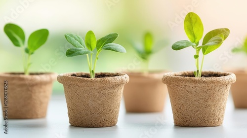 Earth day environmental idea. Tiny green sprouts in pots showcasing the beauty of new growth and nature's renewal.