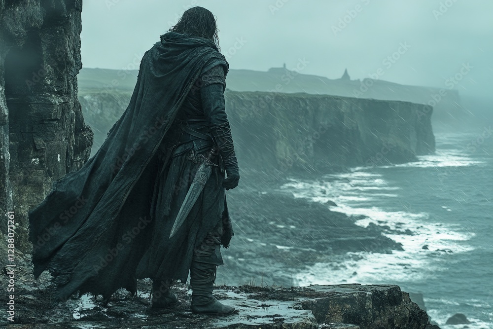 Mysterious figure standing on rugged cliffs overlooking stormy sea at twilight Mysterious figure standing on rugged cliffs overlooking stormy sea at twilight