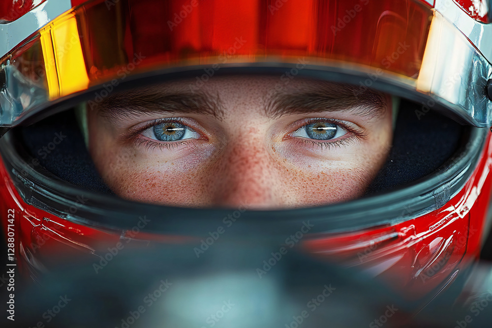 Racing Focus: Intense Close-up Portrait of a Formula One Driver Wearing a Protective Mask, Embodying Concentration and Endurance Racing Focus: Intense Close-up Portrait of a Formula One Driver Wearing a Protective Mask, Embodying Concentration and Endurance