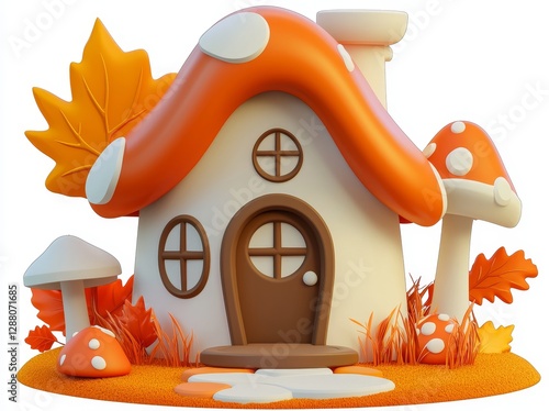 The enchanting abode of fairytale mushrooms, a charming gnome or fairy cabin crafted from a cute amanita, set amidst a whimsical fairy forest villa in a 3D illustration, with a magical fly agaric