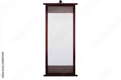 Dark mahogany border on an elegant vertical Chinese scroll with white paper.