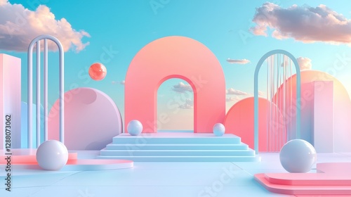 A dark background features a fluid 3D render of a holographic, iridescent neon curved wave in motion