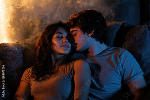 A young couple cuddles intimately on a couch, bathed in warm and cool light, creating a romantic and intimate atmosphere.