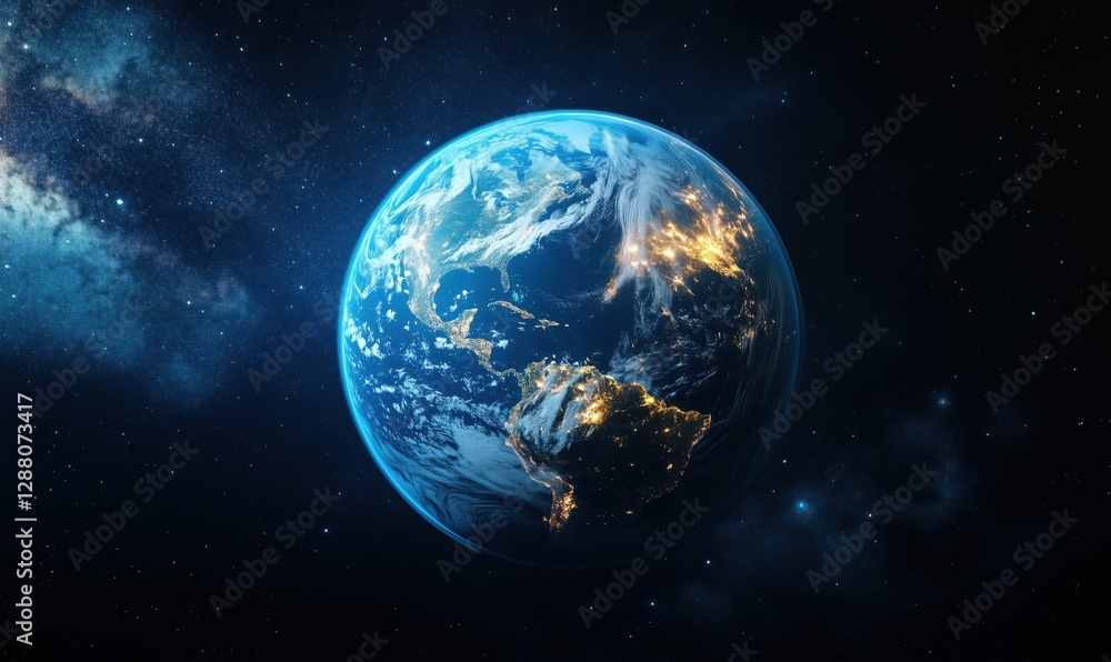 Earth viewed from space showcasing illuminated continents and starry background Earth viewed from space showcasing illuminated continents and starry background