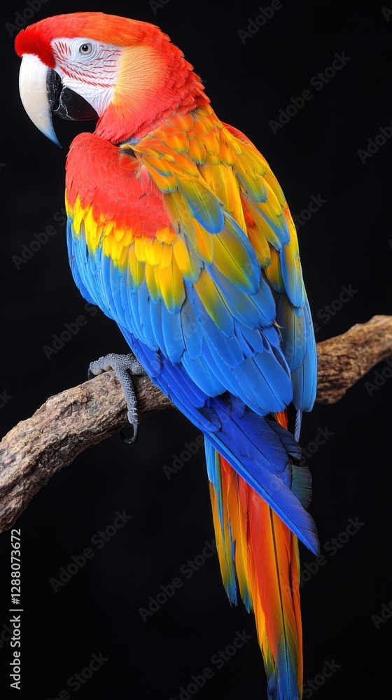 Obraz premium Vibrant macaw perched on a branch showcasing stunning colorful feathers in a natural setting
