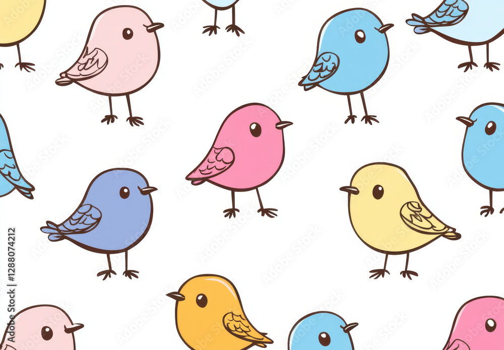 Colorful cartoon birds in pink, blue, yellow, and other hues are arranged playfully on a clean white backdrop, bringing joy and liveliness Colorful cartoon birds in pink, blue, yellow, and other hues are arranged playfully on a clean white backdrop, bringing joy and liveliness