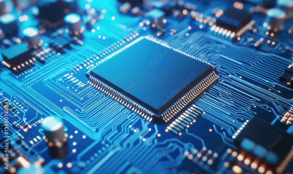 Microchip on Circuit Board with Blue Background and Electronic Components Microchip on Circuit Board with Blue Background and Electronic Components