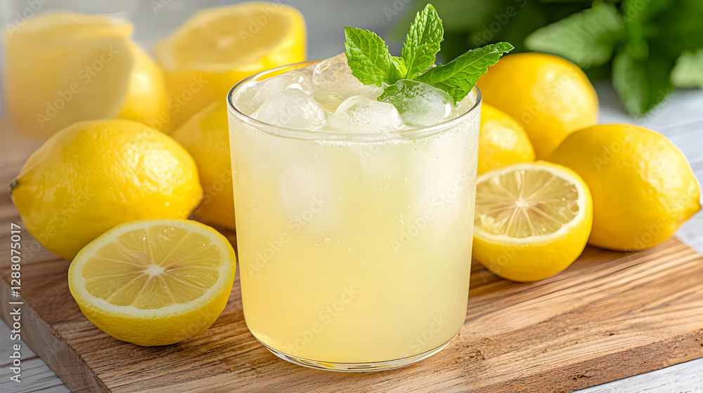 Refreshing lemonade drink with ice and mint, lemons on wooden board Refreshing lemonade drink with ice and mint, lemons on wooden board