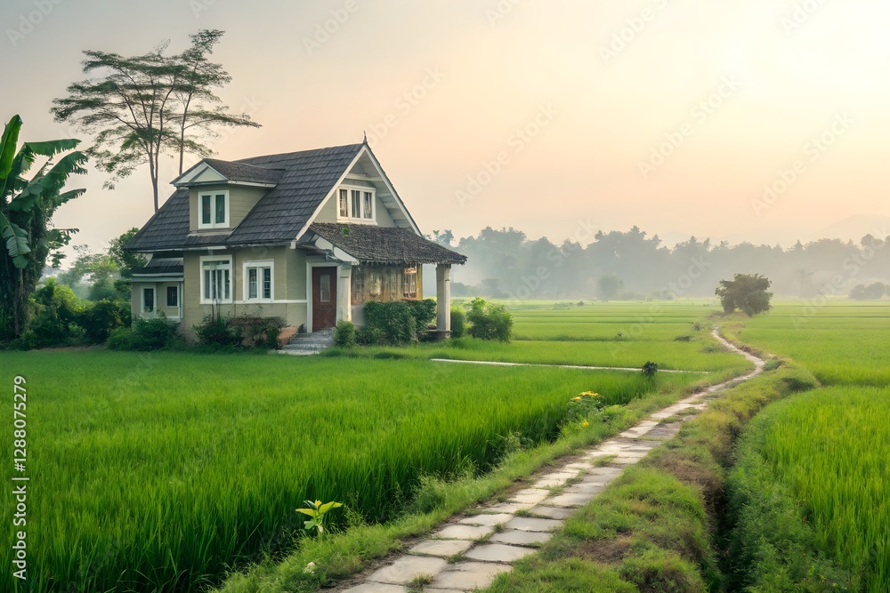 Rice landscape with house Rice landscape with house