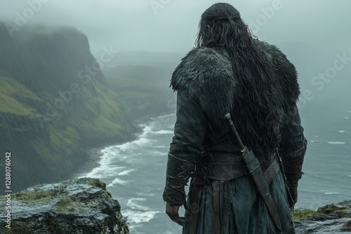 Warrior stands on rocky cliff overlooking stormy ocean under gray skies in a dramatic landscape photo