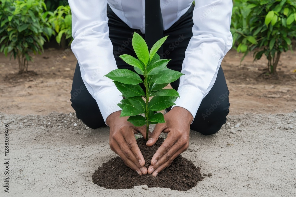 A corporate executive planting trees as part of a sustainability initiative.