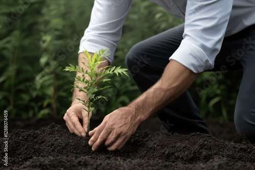 A corporate executive planting trees as part of a sustainability initiative.