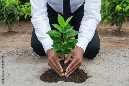 Obraz na płótnie A corporate executive planting trees as part of a sustainability initiative. w salonie