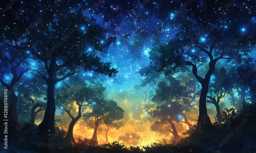Fototapeta premium Enchanting starry night in a mystical forest with vibrant colors and glowing trees