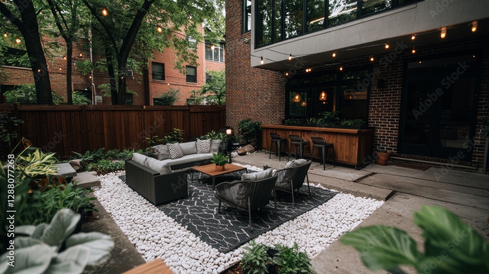 Obraz premium Transformation of the backyard with the installation of a new patio and organized outdoor furniture