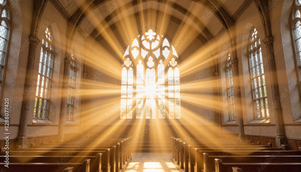 Obraz premium Sunlight streaming through stained glass windows in church
