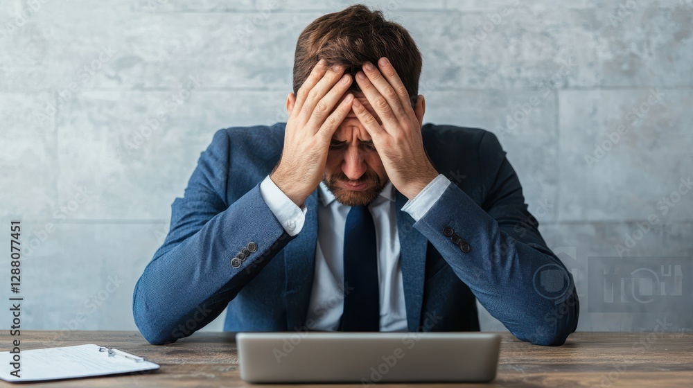 Businessman in suit experiencing stress and frustration while working on a laptop in a modern office setting Businessman in suit experiencing stress and frustration while working on a laptop in a modern office setting