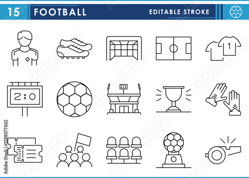 A set of line icons related to Football. Whistle, stadium, play, ground, goal post, sneakers, jersey, and so on. Vector editable stroke.