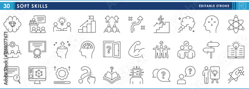 A set of line icons related to Soft Skills. Public speaking, friendliness, empathetic, team, analysis, innovation, research, questioning, motivation, and so on. Vector editable stroke.