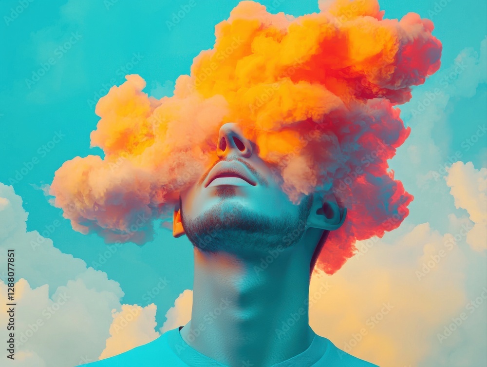 A surreal image of a person with vibrant, colorful clouds replacing their head, set against a bright blue sky. A surreal image of a person with vibrant, colorful clouds replacing their head, set against a bright blue sky.