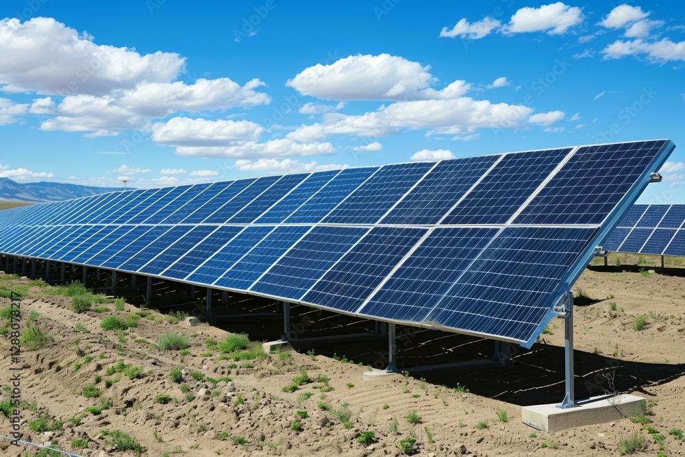 Solar panels in sunny field with fluffy clouds. Neural network AI generated Solar panels in sunny field with fluffy clouds. Neural network AI generated