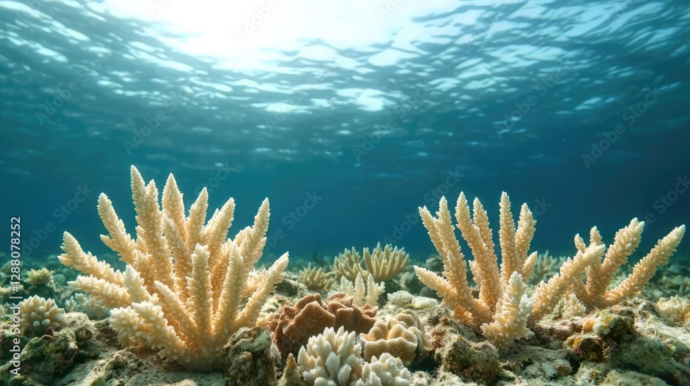 Obraz premium Ocean acidification concept. Vibrant coral reef thriving beneath sunlight, showcasing underwater biodiversity.