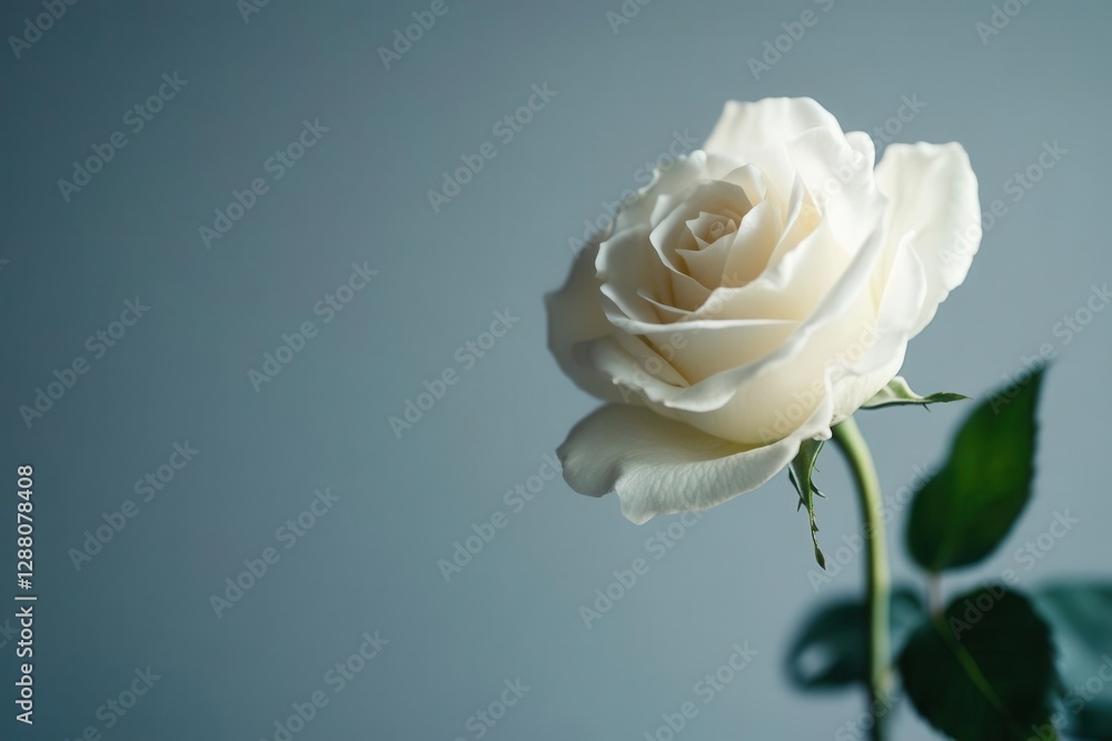 Fototapeta premium single white rose in elegant composition, clean minimalist background, botanical photography with soft shadows