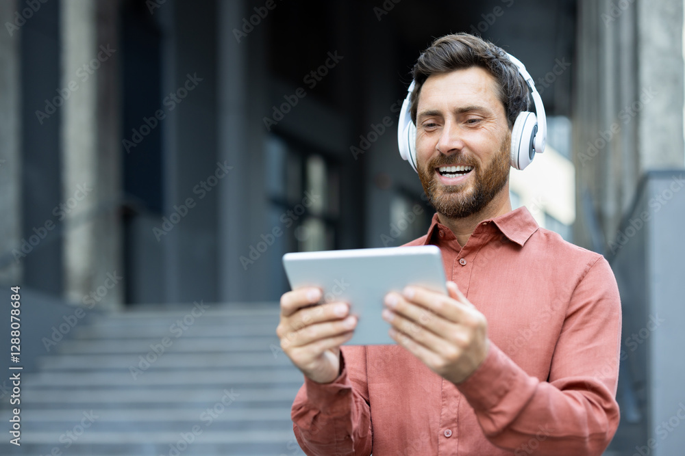 Close-up of a joyful man watching online video while walking outside an office building. Businessman wearing headphones and holding a tablet computer, smiling happily. Close-up of a joyful man watching online video while walking outside an office building. Businessman wearing headphones and holding a tablet computer, smiling happily.