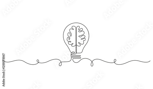 Continuous one line drawing of clean lightbulb with human brain for medical company. Health therapy icon. Vector illustration