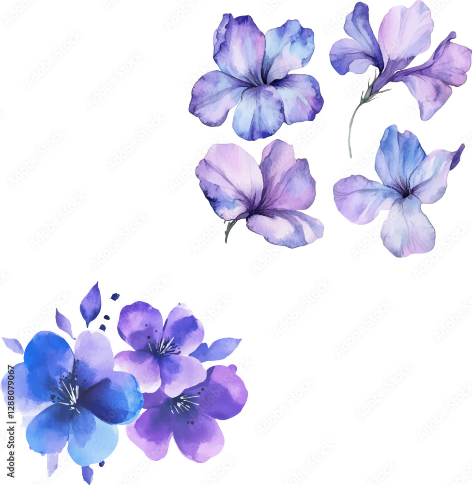 Fototapeta premium Set of purple and blue floral elements clipart, watercolor flowers, hand drawn, white background