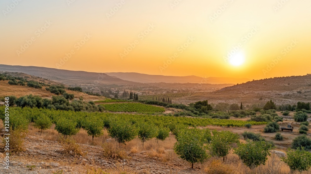 Naklejka premium Serene sunset over fertile farmland with verdant fields and distant hills
