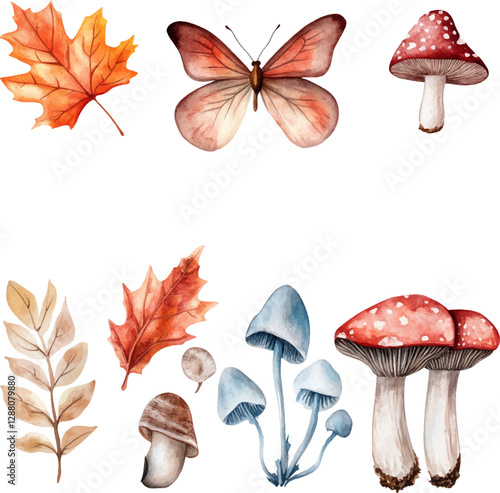 Set of watercolor autumn elements on a white background