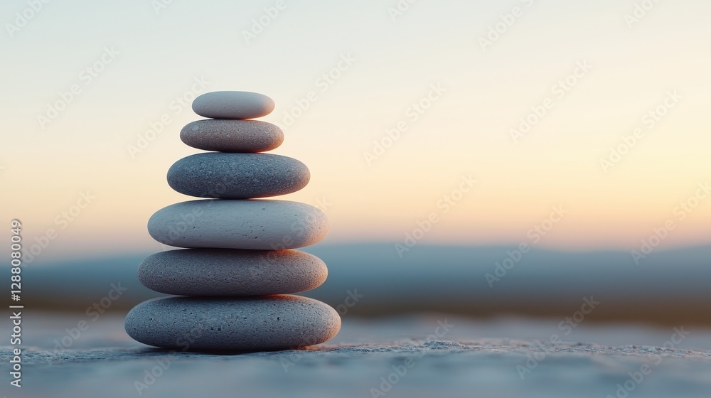 Tranquil Stone Tower Stacked on Beach at Sunset with Soft Colors and Gentle Background Blur