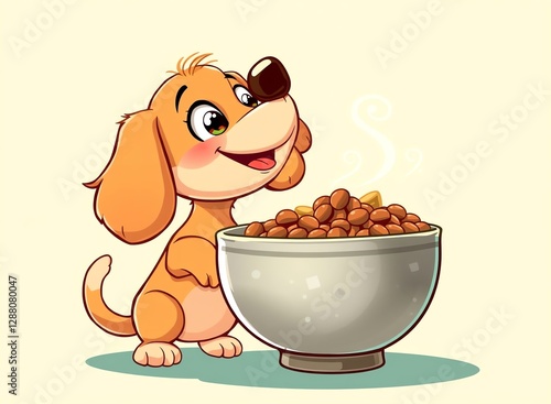 an image of a cartoon dog sitting next to a bowl of food, there is a cartoon dog that is sitting next to a bowl of food photo