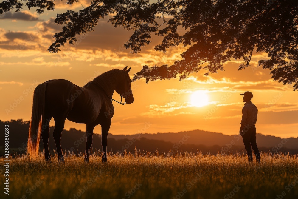 Beautiful sunset silhouette of a horse and rider in a serene landscape Beautiful sunset silhouette of a horse and rider in a serene landscape