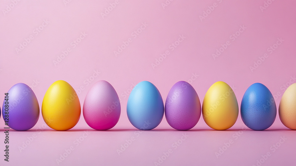 row of brightly colored eggs arranged in gradient on pink background row of brightly colored eggs arranged in gradient on pink background
