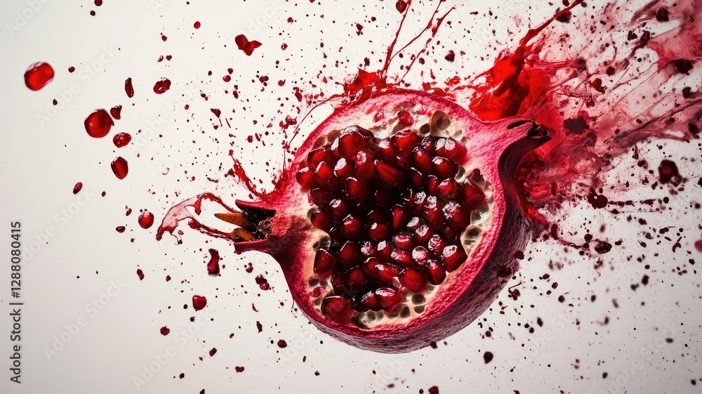 Pomegranate split open, seeds and juice splashing out Pomegranate split open, seeds and juice splashing out