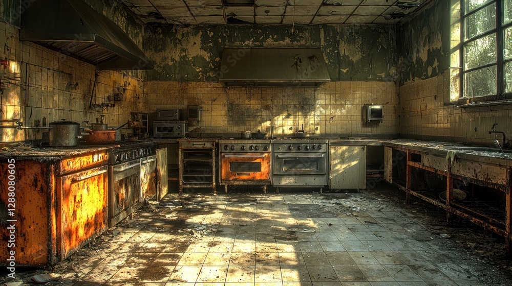 Fototapeta premium Abandoned kitchen with decaying paint, vintage equipment, and light streaming