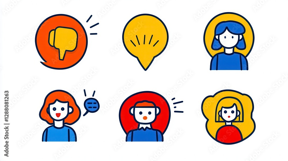 Fototapeta premium Colorful Pixel Art Communication Icons Diverse Facial Expressions and Speech Bubbles