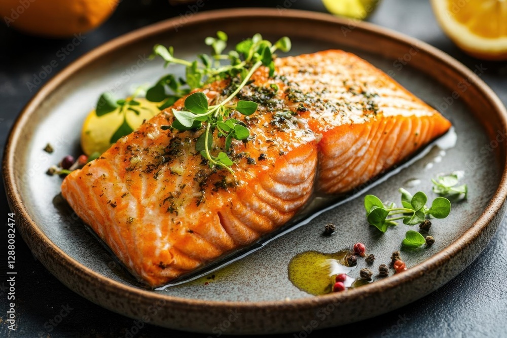 succulent herb-crusted salmon fillet on rustic ceramic plate, garnished with microgreens and citrus, soft directional lighting, matte food photography style succulent herb-crusted salmon fillet on rustic ceramic plate, garnished with microgreens and citrus, soft directional lighting, matte food photography style