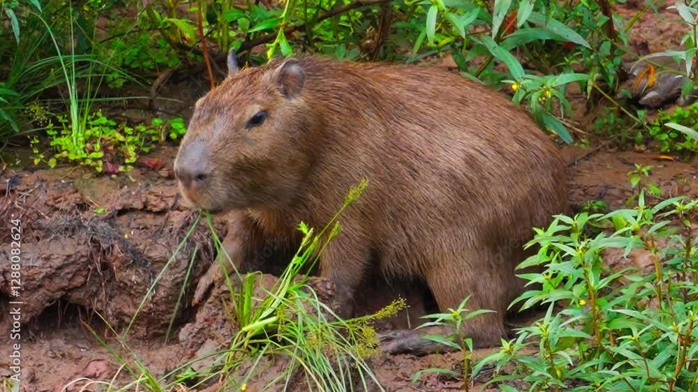 Capybara in the Peruvian Amazon, resting near muddy terrain and lush greenery Capybara in the Peruvian Amazon, resting near muddy terrain and lush greenery