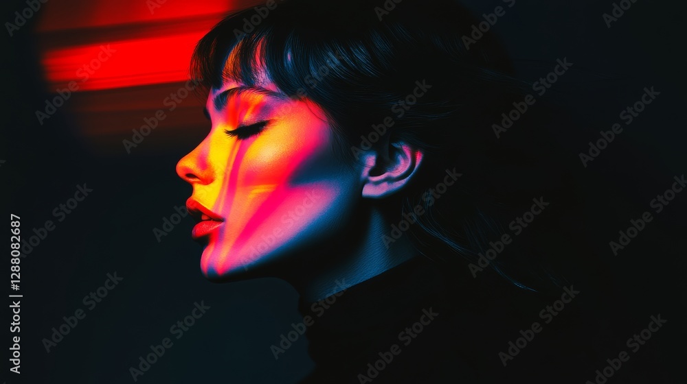 Naklejka premium Woman with red lips and black hair is the main focus of the image. The photo is in black and white and has a dramatic, moody feel to it. The woman's face is the only thing visible